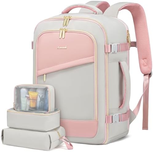 LOVEVOOK Travel Backpack for Women, 40L Carry on Backpack Fits 17 Inch Laptop, Airlines Approved Personal Item Bag, Waterproof Weekender College Business Bags with 3 Packing Cubes, Grey-Pink LOVEVOOK Travel Backpack for Women, 40L Carry on Backpack Fits 17 Inch Laptop, Airlines Approved Personal Item Bag, Waterproof Weekender College Business Bags with 3 Packing Cubes, Grey-Pink