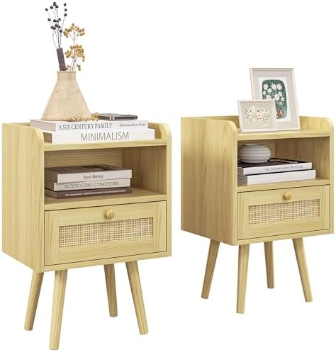 HOMCOM Bedside Tables Set of 2, Boho Style Side Table Set with Drawer ...