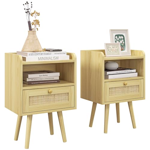 HOMCOM Lot de 2 Tables de Chevet Table de Nuit avec tiroir Effet rotin et Compartiment Ouvert, Chevet de lit pour Chambre à Coucher, Salon, 40 x 30 x 60 cm, Effet Bois Naturel