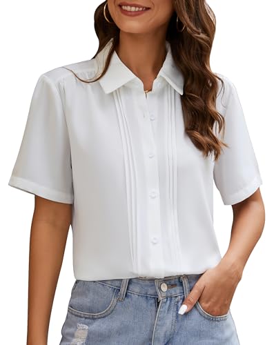 YAMANMAN Womens Button Down Shirts Long Sleeve Casual Chiffon Blouses Loose Pleated Collared Work Office Tops