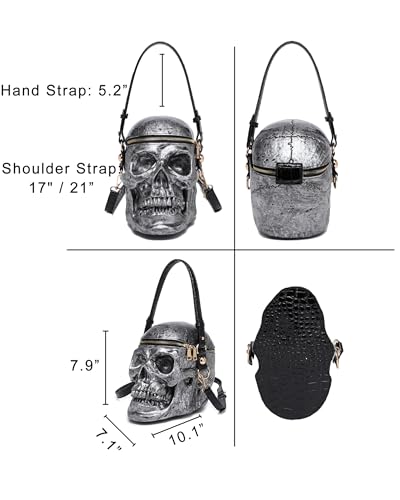 Skull Shaped Purse Crossbody Shoulder Bag Weird Horror Gothic PVC Handbag Halloween Top Handle Bag(Silver)3