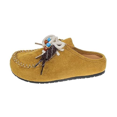 Suede Moccasins Mules for Women Fashion Beaded Comfortable Round Toe Soft Sole Slip On Flat Clog Loafers Casual Daily Work Walking Shoes (Yellow,8)