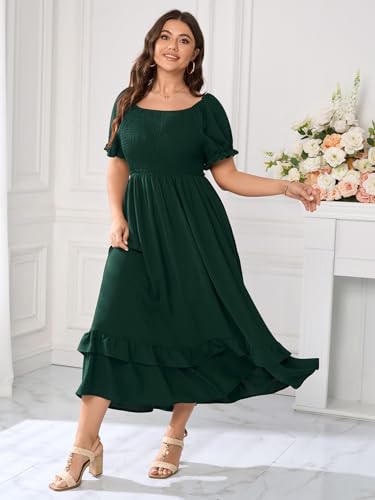 Image of Women's Plus Size Dress Square Neck Short Sleeve Smocked Elastic Waist Tiered Ruffle Hem Maxi Dresses