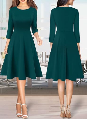 Image of VFSHOW Womens Work Business Front Zipper A-Line Dresses 3 /4 Sleeve Office Church Fit and Flare Skater Swing Knee Length Dress