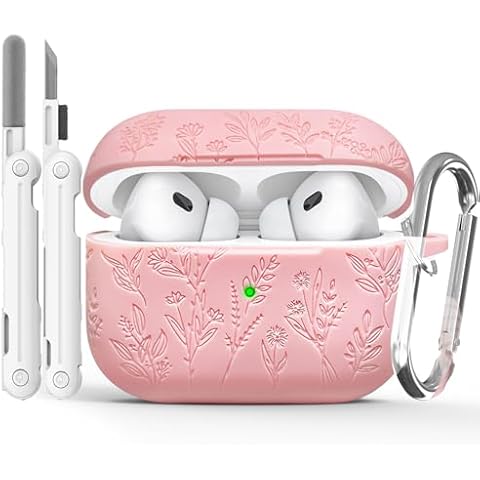 Flower Engraved Case for Apple AirPods Pro 2 Gen with Clean Kit,Soft Silicone Protective Case Cover for AirPods Pro 2nd/1st Generation AirPod Case Carabiner,Front LED Visible,Pink Cover