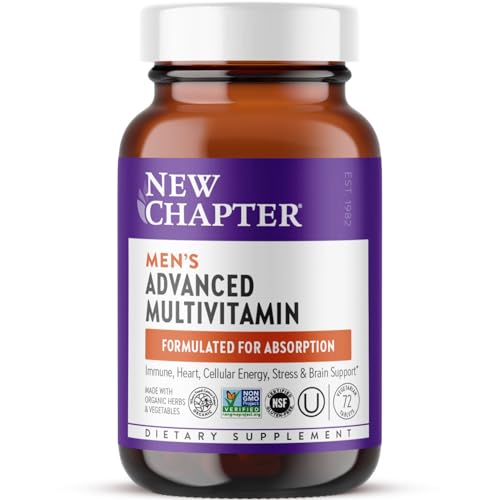 New Chapter Men's Multivitamin Advanced Formula for Stress, Brain, Immune, Heart & Energy Support, Higher Levels of Whole-Food Fermented Essential Nutrients for Men + Selenium + B Vitamins, 72 ct