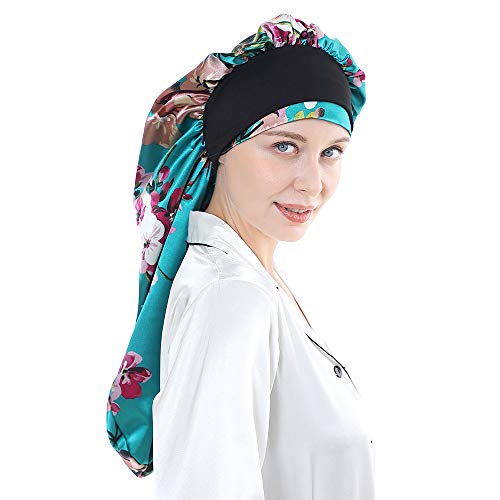 DEMI QUEEN Extra Long Satin Bonnet Double Layer Sleep Cap Soft Silky Night Elastic Wide Band Bonnets for Women Curly Braids Dreadlocks Long Hair (Long Size, Long Green Fancy)
