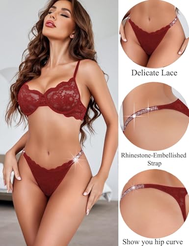 Image of Avidlove Lace Thongs for Women with Rhinestone-Embellished Strap Cheeky Underwear Sexy Panties 1-3 Pack