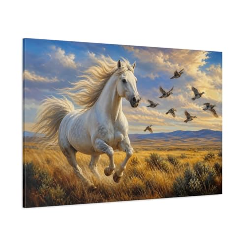 Tableau cheval et oiseaux réaliste pour grand salon moderne 120x80cm