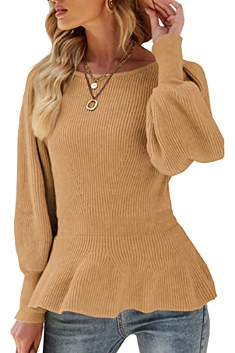 Womens Fall Puff Sleeve Peplum Casual Slim Fit Knit Pullover