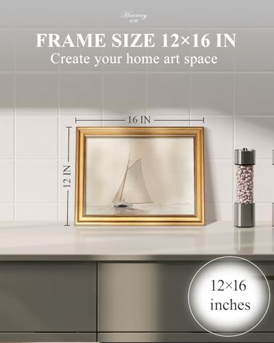 Image of HUARCEY Gold Framed Vintage Wall Art for Living Room, Seaview Painting Prints Shelf Decor for Kitchen, Aesthetic Bedroom Wall Art, Christmas Gifts for Friends or Family (White Sailboat - 12 inchx16 inch)