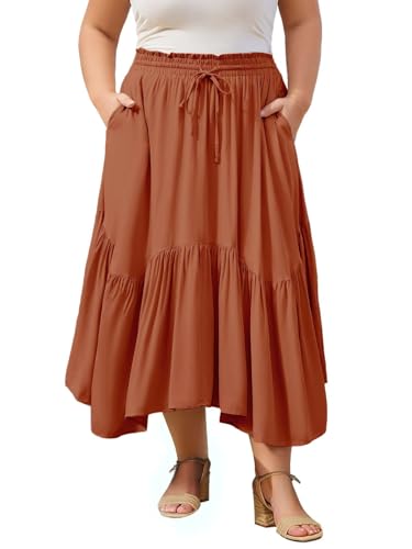 Moon Wood Women's Plain Maxi Skirts Elasticated High Waist Long Skirt Boho Ladies Tiered Flowy A Line Skirts Plus Size Ruffles with Pockets Orange 3XL
