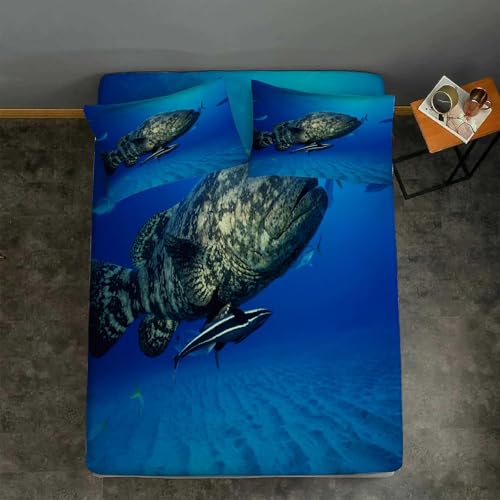 Sabana Bajera 150x190 Pez Sabanas Bajeras Estampadas Animales Marinos Sábana Bajera Ajustable Suaves, Elastico Funda Colchon con 2 Funda Almohada 50x80 cm, para Colchón de 30cm de Altura