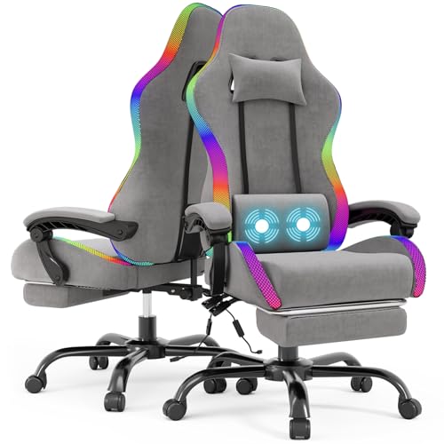 Devoko Gaming Stuhl mit Stoff, mit LED, Ergonomischer Bürostuhl mit Massage und Teleskop Fußstütze, Gamingstuhl mit Verstellbarer Rückenlehne 90-135°, Gaming-Stuhl 150 kg belastbarkeit, Grau