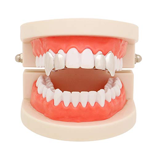 2 Pcs 18K Gold Plated Double Tooth Cap Hip Hop Teeth Grillz Vampire Fangs Grills Set for Men Women Party Accessories Teeth Grills (01, Silver)