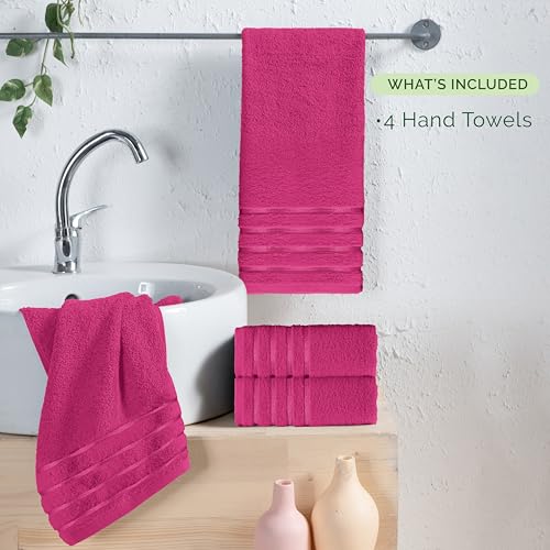 Image of Elegant Comfort 100% Turkish Cotton 4 Lines Viscose Stripe Luxury 4 Pack Hand Towel Set - Ultra Absorbent and Soft 16 x 28 Inch Premium Hotel Spa Quality Towels for Everyday Bath Use, Hot Pink