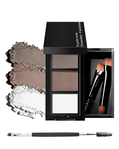 3 Color Eyebrow Powder Palette Kit, Gray Medium Brown & White Eye Brow Powder for Women,...