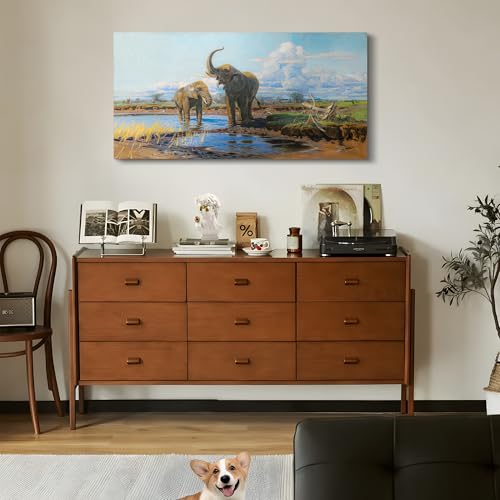 SERIMINO Landscape Large Wall Art Vintage Decor, Grassland Animal Wall Decor, Elephants at a Waterhole Canvas Prints Paintings, Nature Aesthetic Pictures Home Decor Living Room Bedroom Office 20x40 Inch