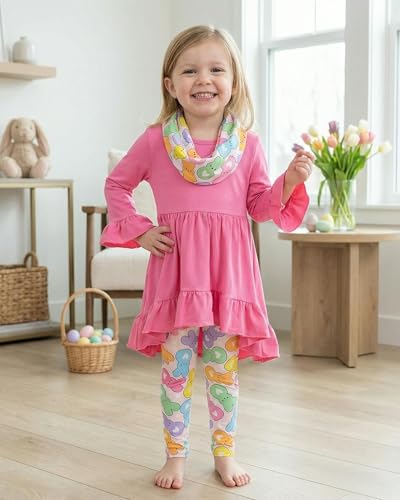 Image of Unique Baby Girls Kids Toddler 3pc Outfit Set Long Sleeve Cotton Blend Tunic Top Leggings and Scarf