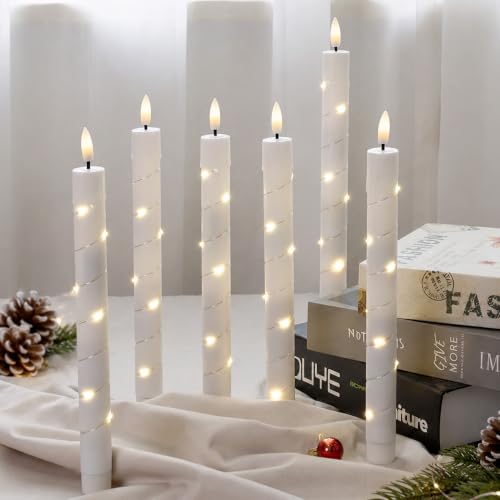 Image of Flameless Taper Candles with Remote for Wedding Decorations,3D Flickering Flame Battery Operated LED Plastic Candles Arounded with Starlight String, Romantic Home Decoration, Pack of 6, White