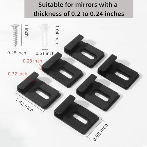 Image of 6 PCS Metal Mirror Holder Kit, Heavy Duty Mirror Hanger Clips with Rubber Pads Screws, Wide Channel Frameless Hardware Hanger for Mounting Wall Mirror Billboard Displays, Black