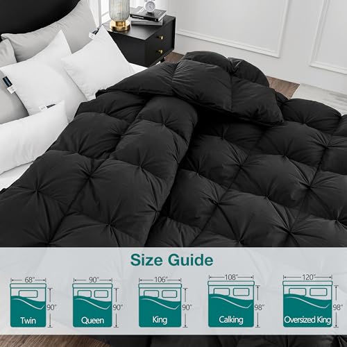 Image of KAKABELL Pinch Pleat Goose Down Feather Comforter, Queen Size, All Season, Black, 90 inchx90 inch, 100% Cotton Cover