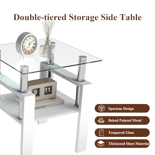 Image of Meihua Glass End Table, Square Glass Side Table, 2-Tier Modern Nightstand with Metal Legs for Living Room&Bedroom (Transparent+White, Set of 2)