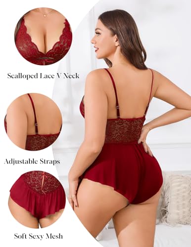 Kolagri Plus Size Lingerie for Women Sexy Lace Bodysuit V Neck Teddy Babydoll Mesh Chemise Sleepwear4