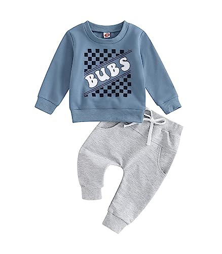 Image of MA&BABY Baby Toddler Boys Fall Winter Outfits Little Dude Letter Printed Long Sleeve Sweatshirts Pants 2Pcs Clothes Set (T Blue-Bubs, 6-12 Months)