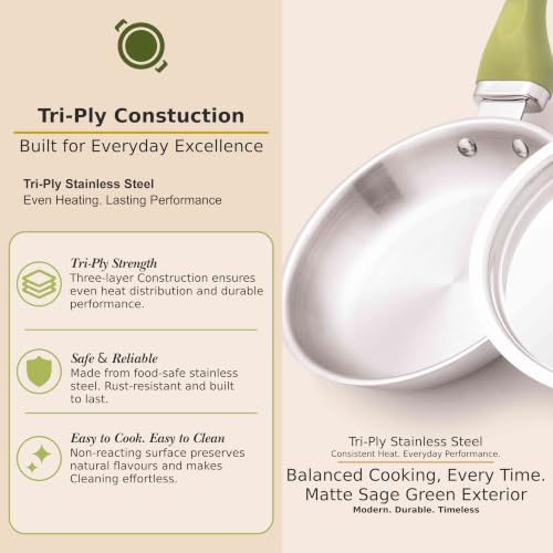 Image of The Chef Story Haptik Triply Stainless Steel Fry Pan with SS Lid | 22cm | SS304 Inner | TUV Rheinland & BIS Certified | Easy-Clean | Gas & Induction Compatible | Silver | 5-Year Warranty