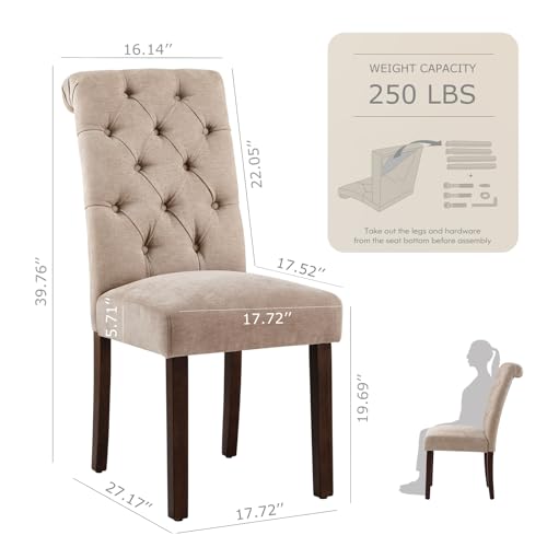 Image of Tufted Dining Chairs Set of 2, Upholstered Parsons Dining Room Chairs, Fabric Kitchen Side Chair with Wood Legs, Taupe