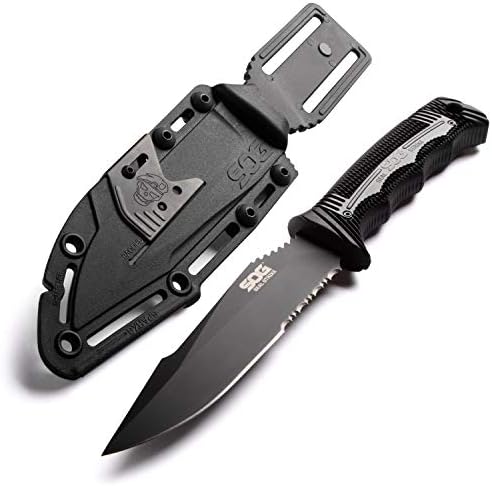 SOG Seal Strike Fixed Blade Knife with Sheath- Tactical and Hunting Knife with 4.9 Inch Partially Serrated Bowie Knife Blade and Survival Knife Line Cutter (SS1003-CP)