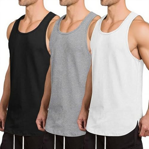Catálogo de Camisetas de tirantes - los preferidos. 49 Hombres 3 Pack Workout Tank Top Gym Muscle tee Fitness Bodybuilding Sleeveless T Shirts (MX/US, Alfa, XX-Grande, Regular, Regular, Negro+Gris+Blanco)