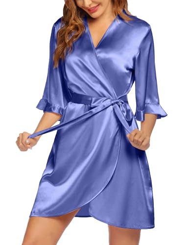 Image of Ekouaer Women's Satin Robe Valentines Lingerie for Women Kimono Bathrobe Short Ruffle Belted Robes Bridesmaids Sleepwear
