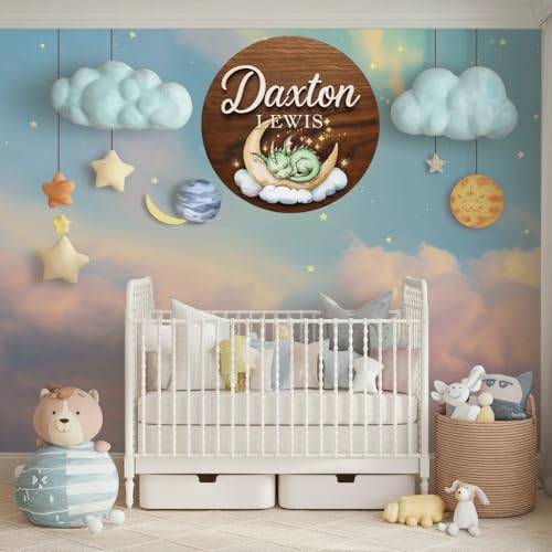 Personalized Baby Name Signs for Nursery, Green Dragon Sign for Baby Door Decor, Newborn Gifts for Boy, Boys Nursery Wall Bedroom Decorations, Mother's Day Gifts for New Mom Dad Gift