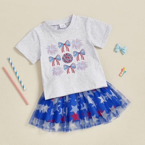 Image of Kayotuas Toddler Baby Girl 4th of July Outfit American Flag Shirt Red Blue Stars Tulle Tutu Skirts Kids Fourth of July Dress