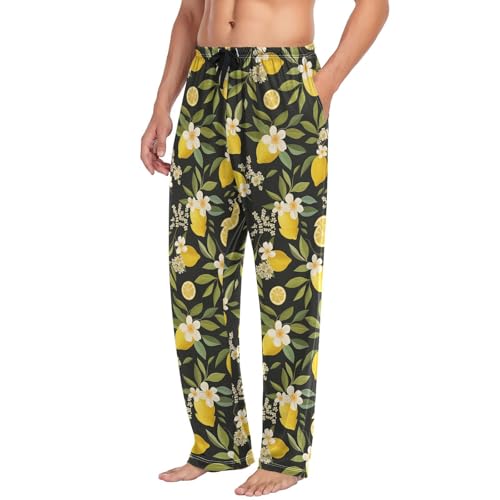 Men’s Lemon Flower Pajama Pants with Pockets, Comfortable Lounge Sleep Bottoms#9314