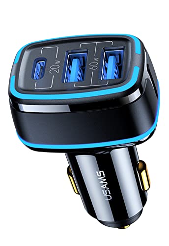 USAMS 3 puertos USB Car Fast Charger 1 x TypeC 2 x USB Port -80 W/4.5 A, 20 W PD & 60 W Dual QC3.0 – Adaptador de encendedor de coche 12 V – 80 W de potencia de carga