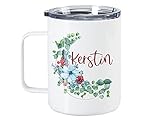 Premium Edelstahl Thermo Tasse mit Deckel, personalisiert mit Namen, Eukalyptus mit Blumen, Becher to go für Camper Garten Büro Indoor Outdoor, Geschenkidee Geburtstag