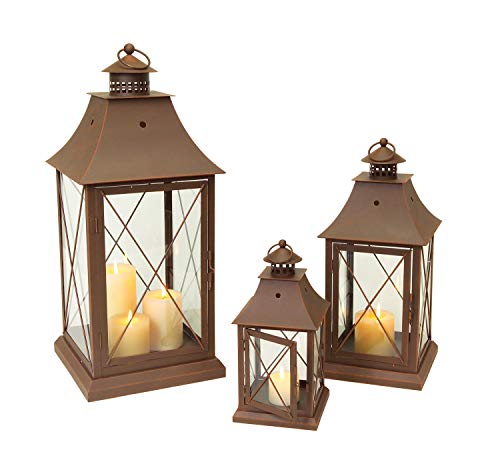 Set Of 3 Cottage-Style Brown Pillar Candle Holder Lanterns 24" #TOP2