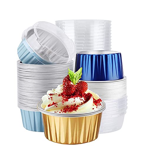 Aluminum Foil Baking Cups With Lids, 50Pcs 5Oz Foil Cupcake Liners Cups With Lids, 125Ml Disposable Foil Baking Cake Cups, Aluminum Muffin Cups For Bakery Wedding Birthday Party. (Assorted Colors) #TOP13