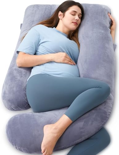 momcozy Almohada para Embarazadas en Forma de U – Cojín Embarazada de Cuerpo Completo con Funda Extraíble, Apoyo para Espalda, Piernas, Vientre y Caderas – Almohada Embarazo 145 cm, Gris