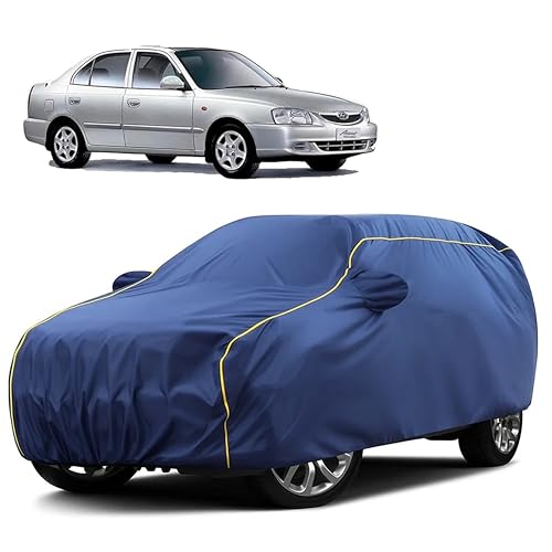 Image of Sulfar 100% Water Resistant Car Body Cover Compatible with Mirror for Hyundai Accent (Triple Stitched, Full Bottom Elastic, Blue Taffeta with Yellow Piping)