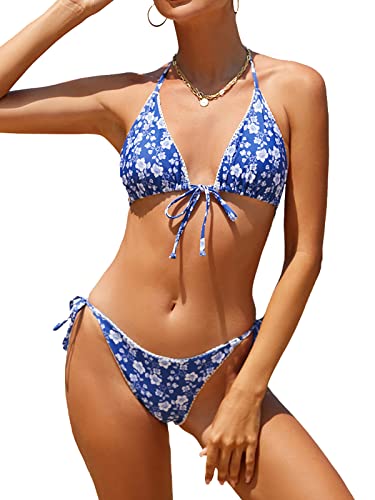 Image of Bikinis Swimsuit Set for Women Swimwear Triangle Bathing Suit Tie String Thong Blue Floral