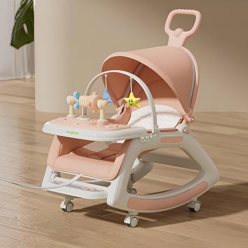 Image of Baybee 5 in 1 Baby Rocker for Babies | Portable Rocking Chair for Kids with Parent Handle, Multi Position Recline, Tray & Music | Baby Bouncers 0 to 3 Years Boys Girls (Pink)