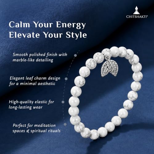 Image of Chitshakti Natural Howlite Bracelet with Charm | 8mm Semi-Precious White Stone Beads | Handmade Stretchable Unisex Crystal Jewelry |