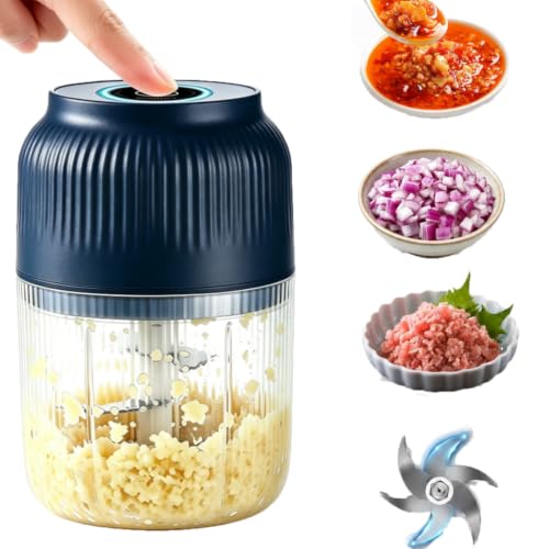 Electric Garlic Chopper, Food Chopper USB Rechargeable, Mini Vegetable Chopper, Garlic Mincer and Onion Chopper, Portable Small Food Processor for Ginger, Chili, Vegetables (Blue, 400ML)