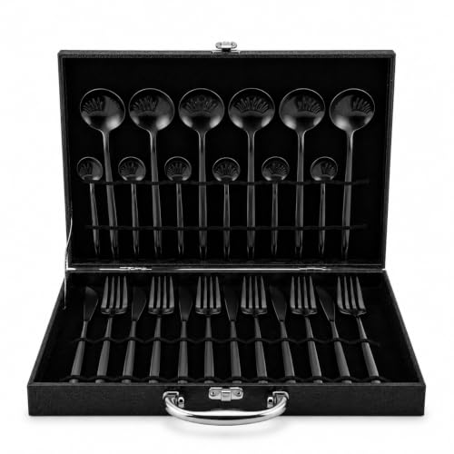 Image of 24-Piece Black Stainless Steel Cutlery Set with Premium Storage Textured Plastic Box | Mirror Finish Flatware for 6 | Dinner Spoons, Forks, Knives & Teaspoons | Luxury Gift Set