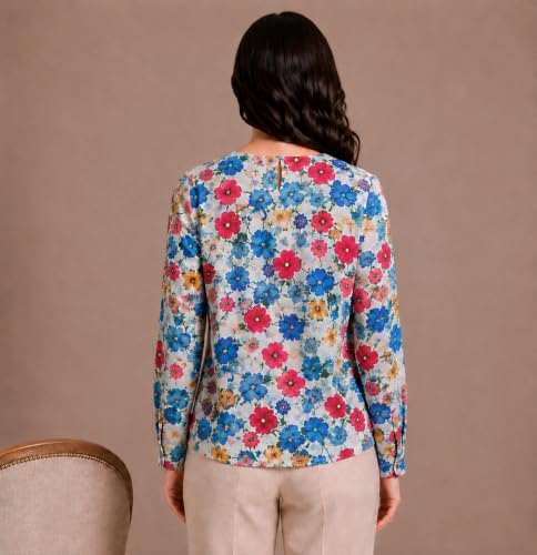 Image of Mirana Women's Full Sleeve Solid Top | Round Neck Pleated Front Regular Fit Office Casual Blouse with Button Cuffs