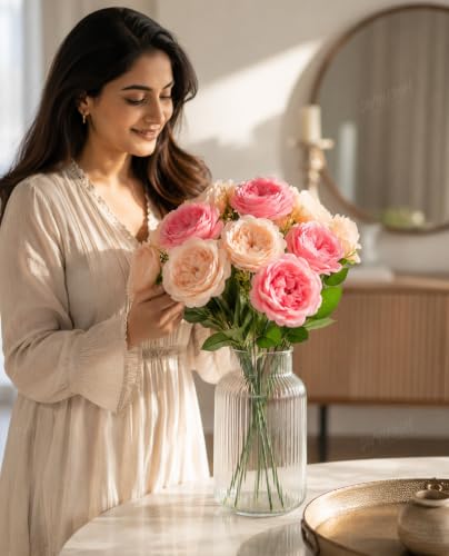 Image of Divyakosh Artificial Flower for Vase (10 Peony Flower Heads), Artificial Flowers Bunch (Vase Not Included), Luxury Floral Centerpiece for Living Room Dining Table Office Decor